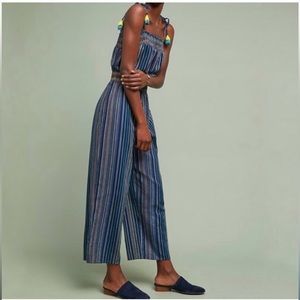 Anthropologie Laia Naomi Striped Jumpsuit Size XS Blue Tie Straps Tassel Pompoms